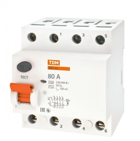 TDM ELECTRIC SQ0203-0045 Устройство защитного отключения ВД1-63 4Р 80А 100мА TDM